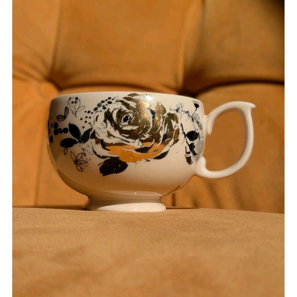 Anthropologie by Lauren Wan Floral Vine Collection Tea Cup coffee Mug EUC gold